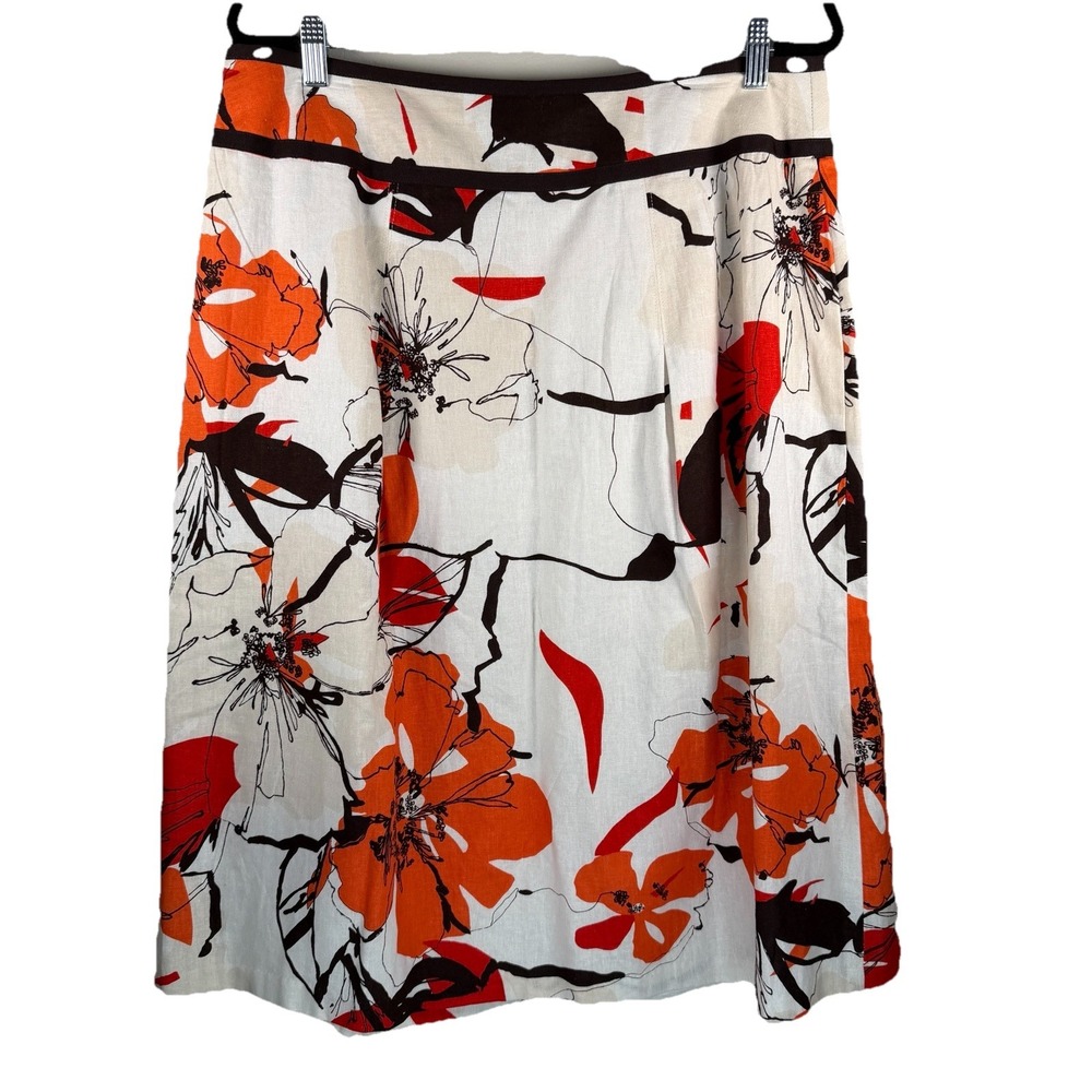 CATO Floral 14/16 White Orange Brown‎ Linen Rayon Flare Midi Skirt Boho Business